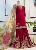 Red Chinon Silk Embroidery Work Readymade Sharara Suit
