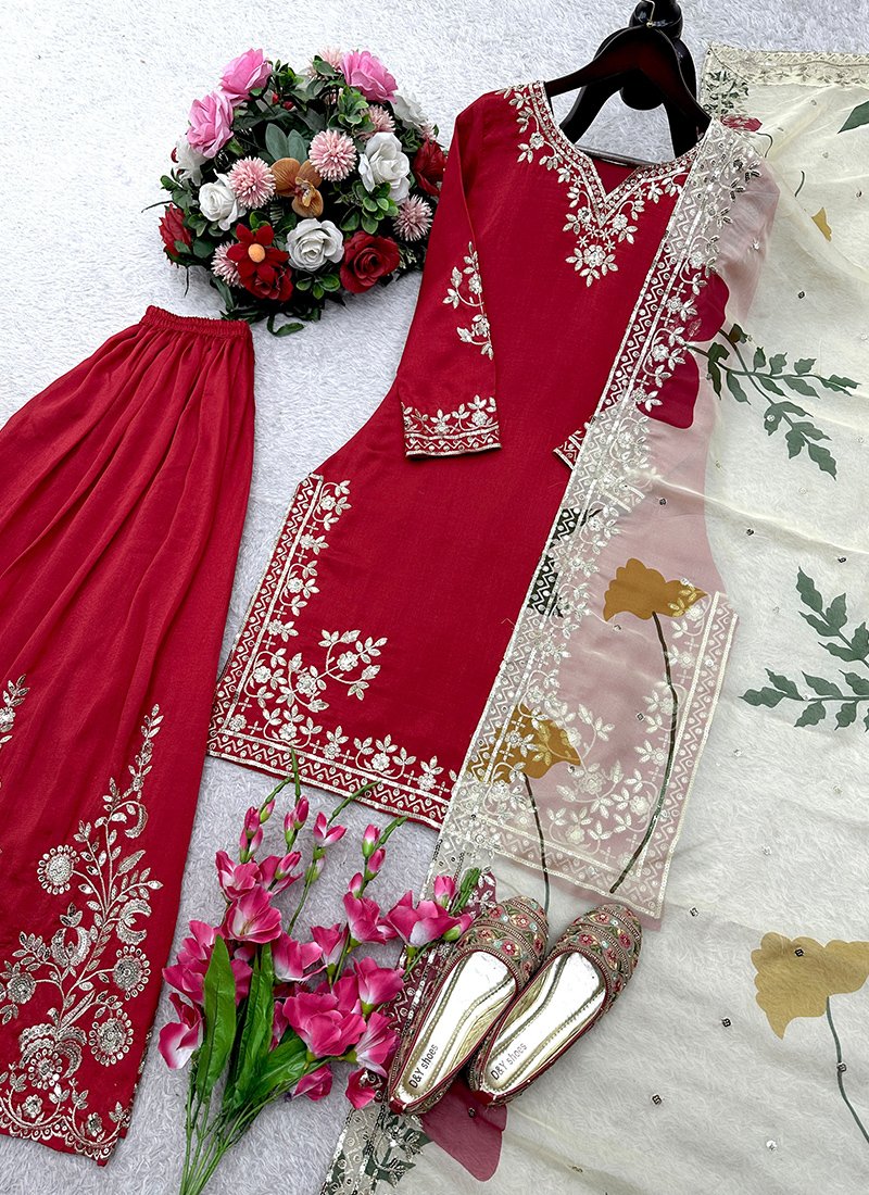 Red Chinon Silk Embroidery Work Readymade Sharara Suit