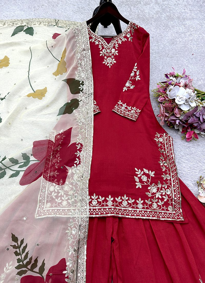 Red Chinon Silk Embroidery Work Readymade Sharara Suit
