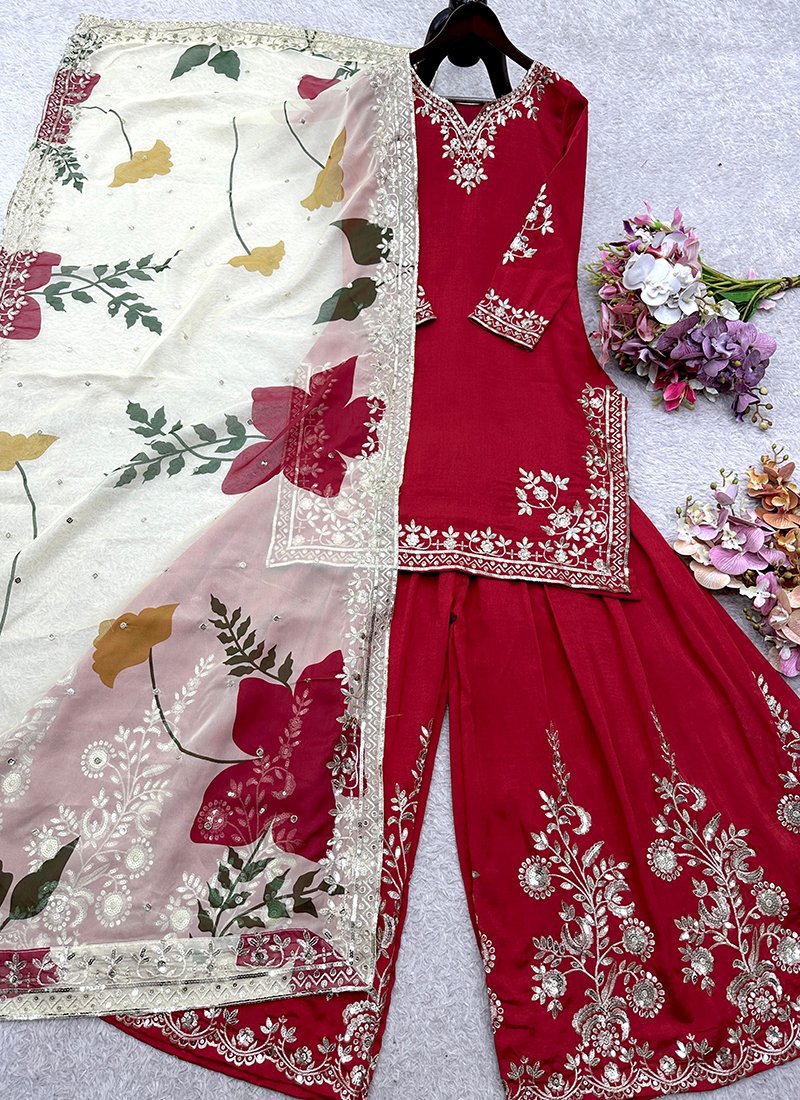 Red Chinon Silk Embroidery Work Readymade Sharara Suit