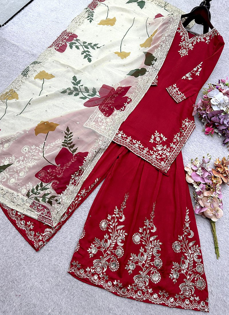 Red Chinon Silk Embroidery Work Readymade Sharara Suit