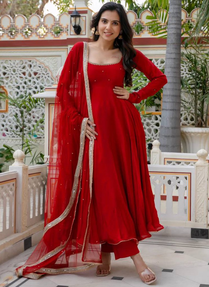 Red Georgette Handwork Readymade Anarkali Gown