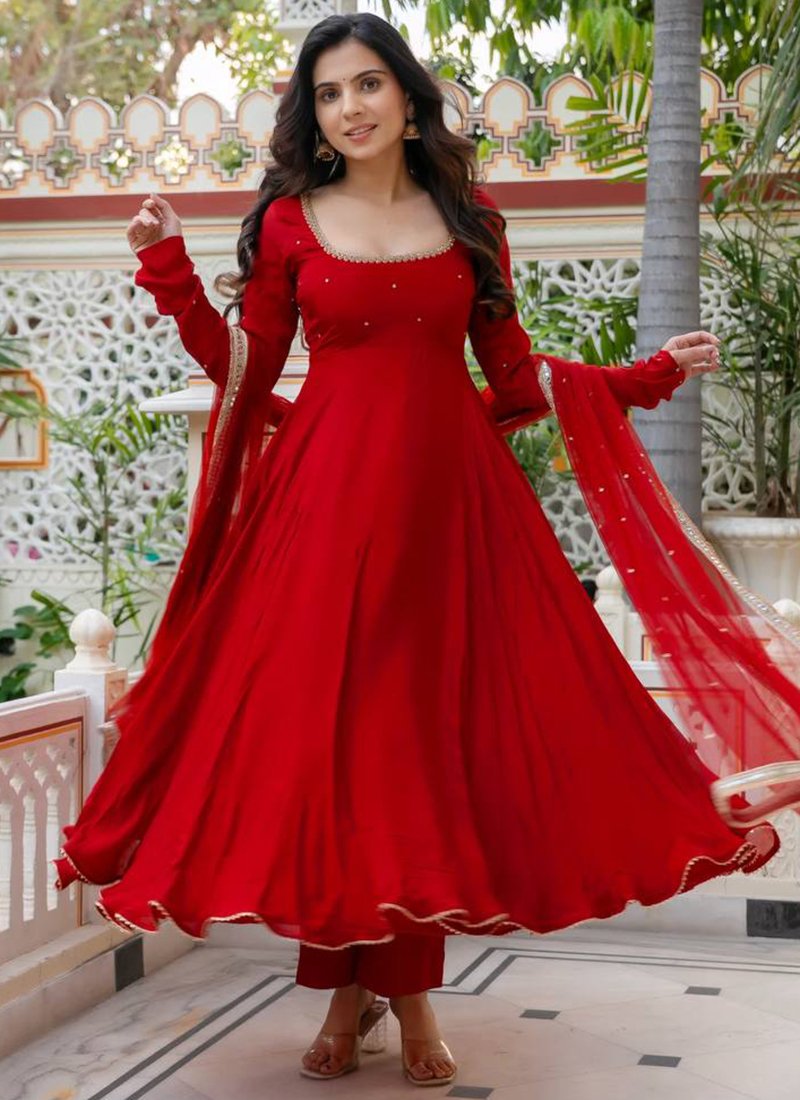 Red Georgette Handwork Readymade Anarkali Gown