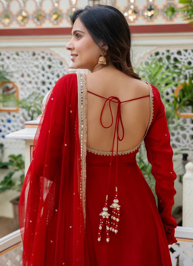 Red Georgette Handwork Readymade Anarkali Gown