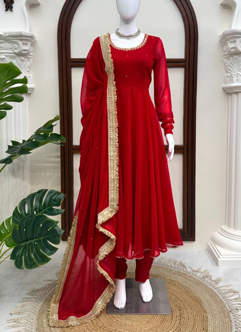 Red Georgette Handwork Readymade Anarkali Gown
