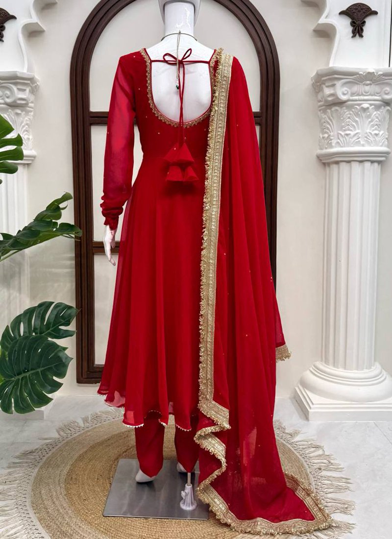 Red Georgette Handwork Readymade Anarkali Gown