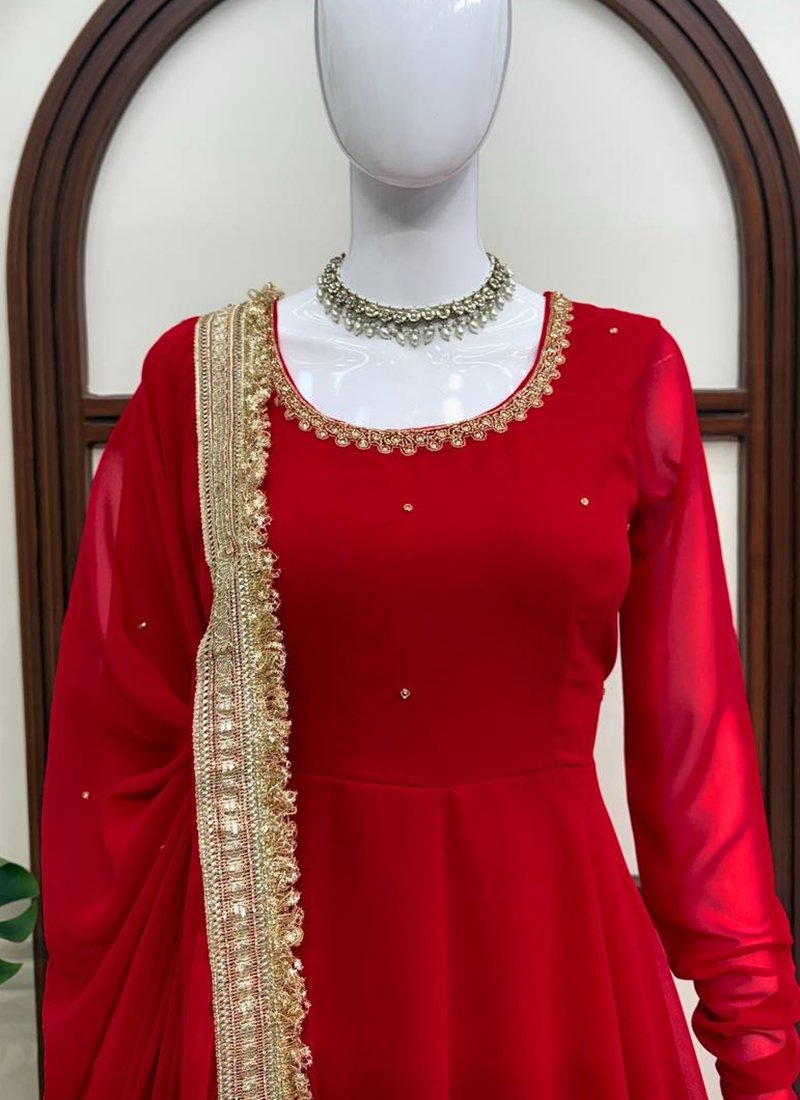 Red Georgette Handwork Readymade Anarkali Gown