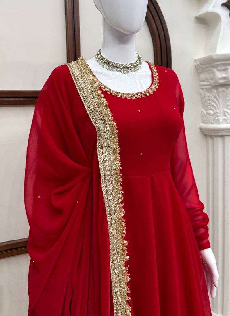 Red Georgette Handwork Readymade Anarkali Gown