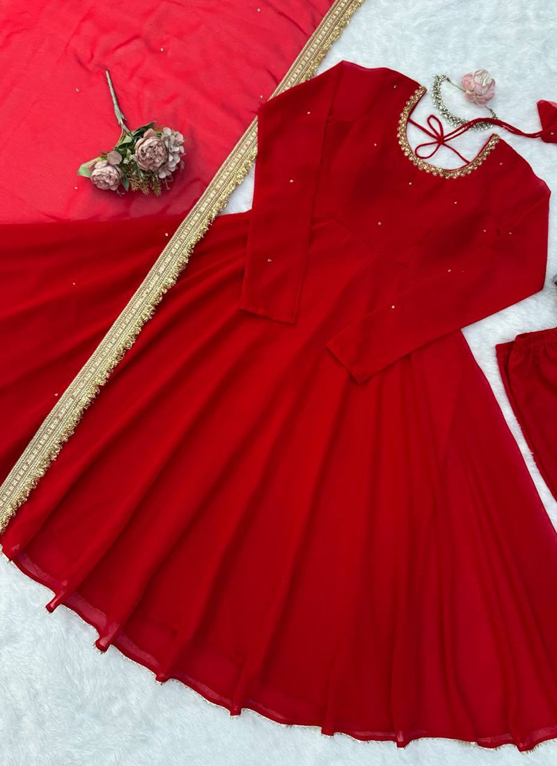 Red Georgette Handwork Readymade Anarkali Gown