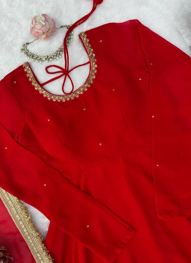 Red Georgette Handwork Readymade Anarkali Gown