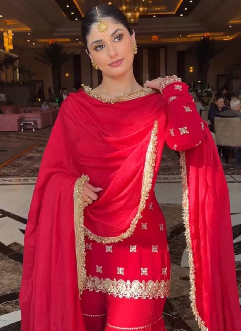 Red Georgette Thread Work Readymade Sharara Suit