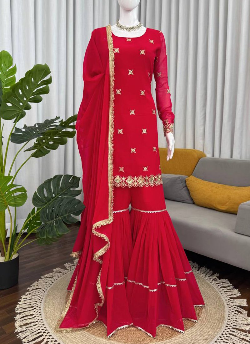 Red Georgette Thread Work Readymade Sharara Suit