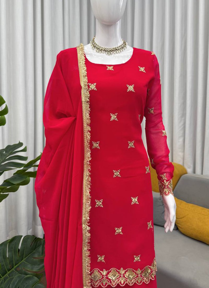 Red Georgette Thread Work Readymade Sharara Suit