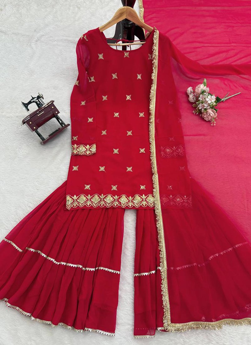 Red Georgette Thread Work Readymade Sharara Suit