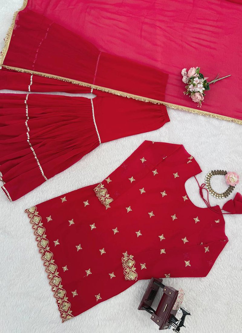 Red Georgette Thread Work Readymade Sharara Suit