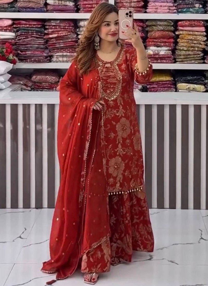 Red Georgette Embroidery Work Readymade Palazzo Suit