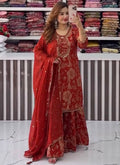 Red Georgette Embroidery Work Readymade Palazzo Suit