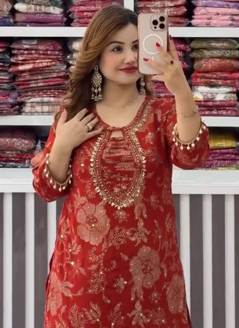 Red Georgette Embroidery Work Readymade Palazzo Suit