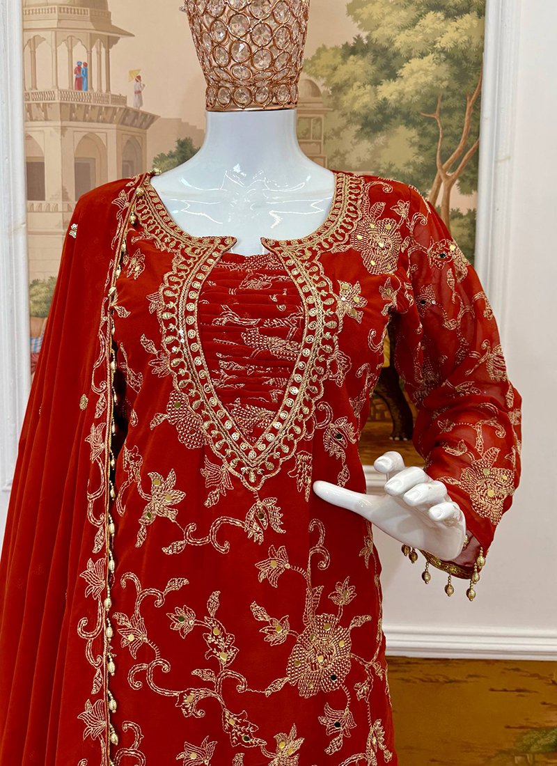 Red Georgette Embroidery Work Readymade Palazzo Suit