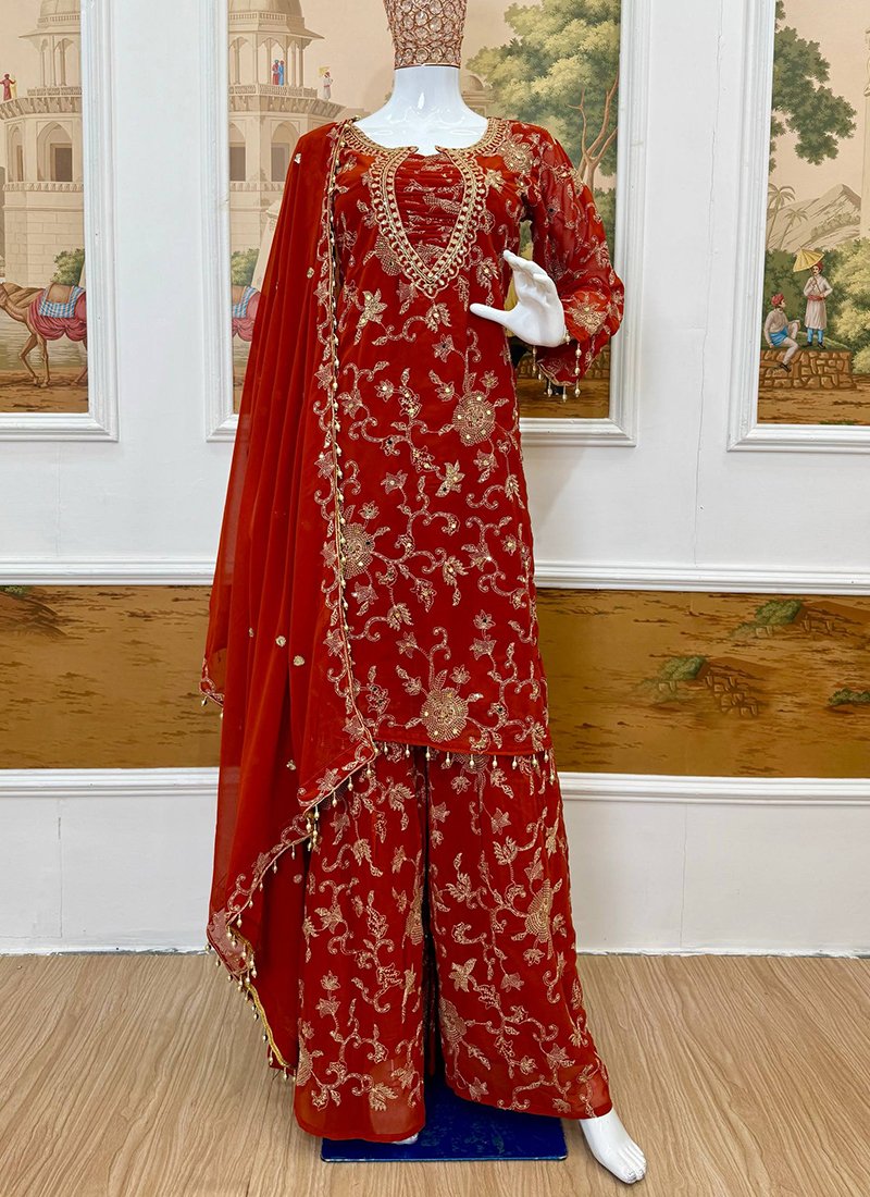 Red Georgette Embroidery Work Readymade Palazzo Suit