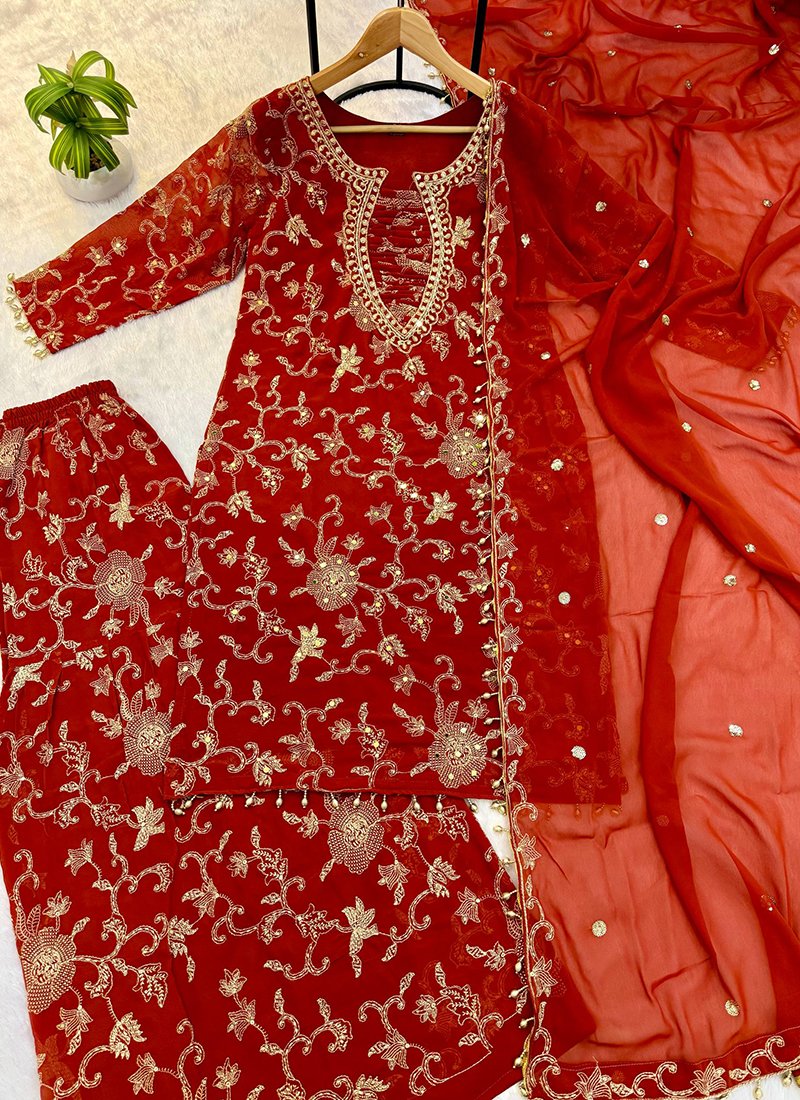 Red Georgette Embroidery Work Readymade Palazzo Suit