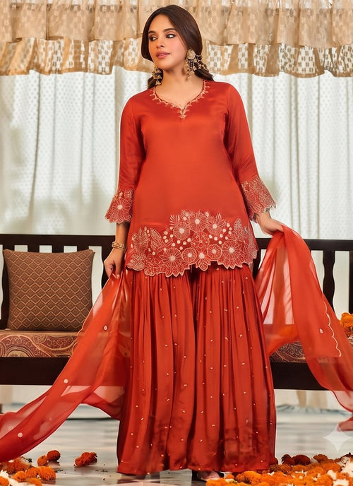 Chinon Silk Embroidery Work Festival Wear Readymade Sharara Suit
