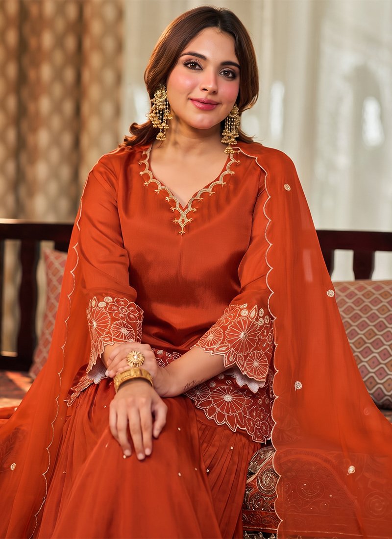 Chinon Silk Embroidery Work Festival Wear Readymade Sharara Suit