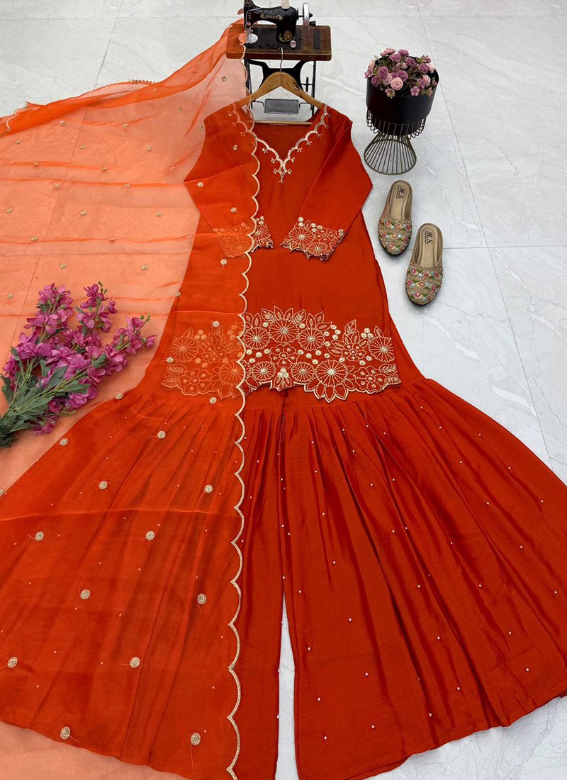Chinon Silk Embroidery Work Festival Wear Readymade Sharara Suit