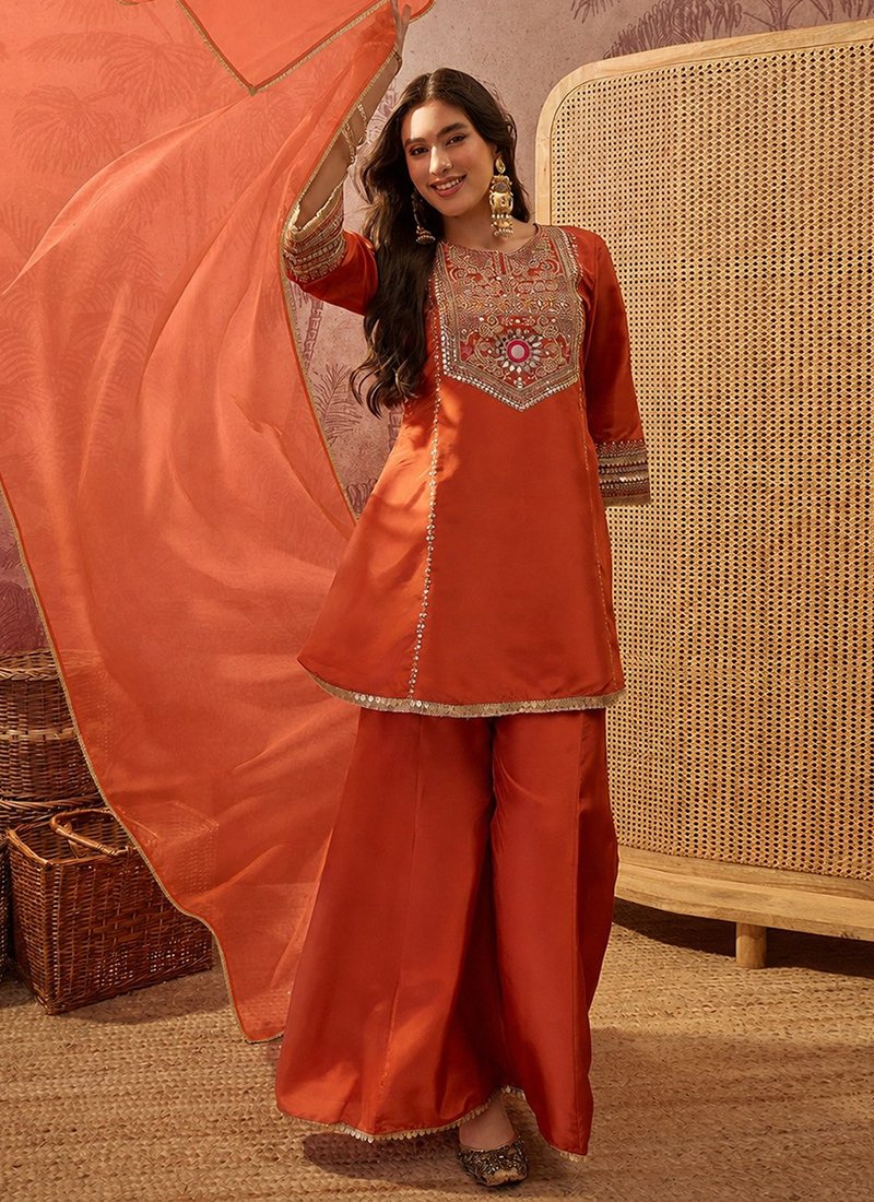 Crepe Silk Sequins Work Casual Wear Readymade Kurta Palazzo Dupatta Set