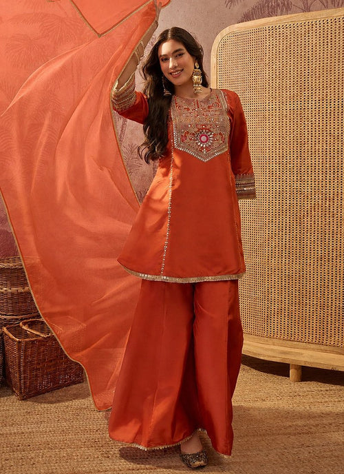 Crepe Silk Sequins Work Readymade Kurta Palazzo Dupatta Set