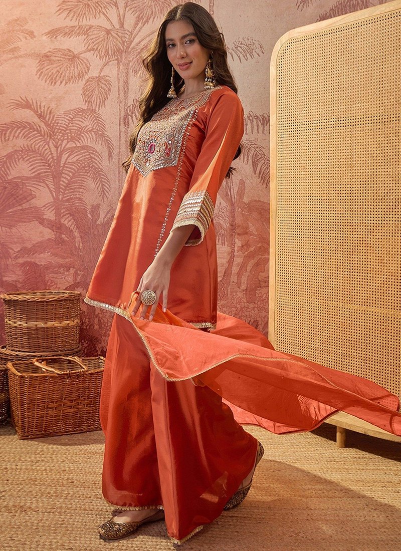 Crepe Silk Sequins Work Casual Wear Readymade Kurta Palazzo Dupatta Set