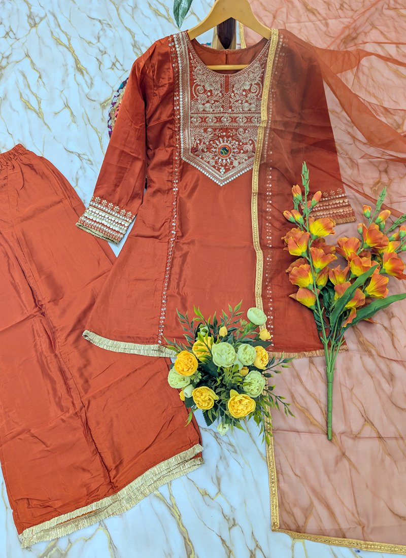Crepe Silk Sequins Work Casual Wear Readymade Kurta Palazzo Dupatta Set