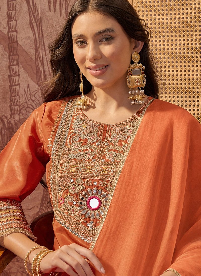 Crepe Silk Sequins Work Casual Wear Readymade Kurta Palazzo Dupatta Set