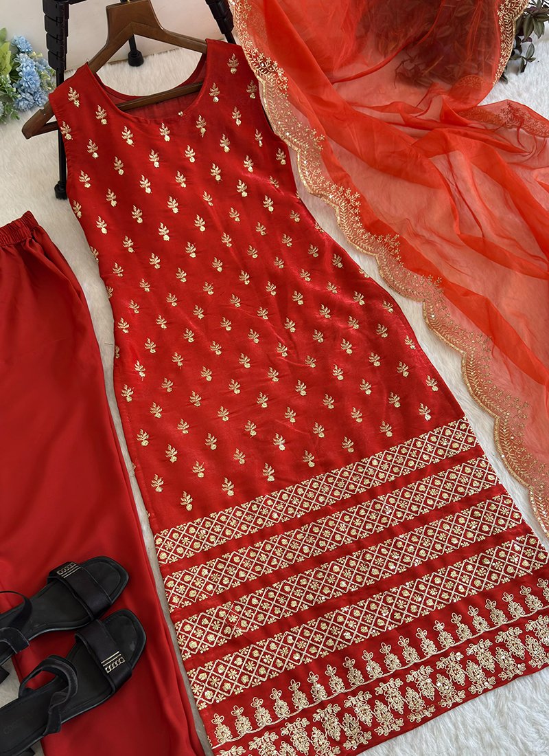 Satin Silk Sequins Work Readymade Salwar Suit
