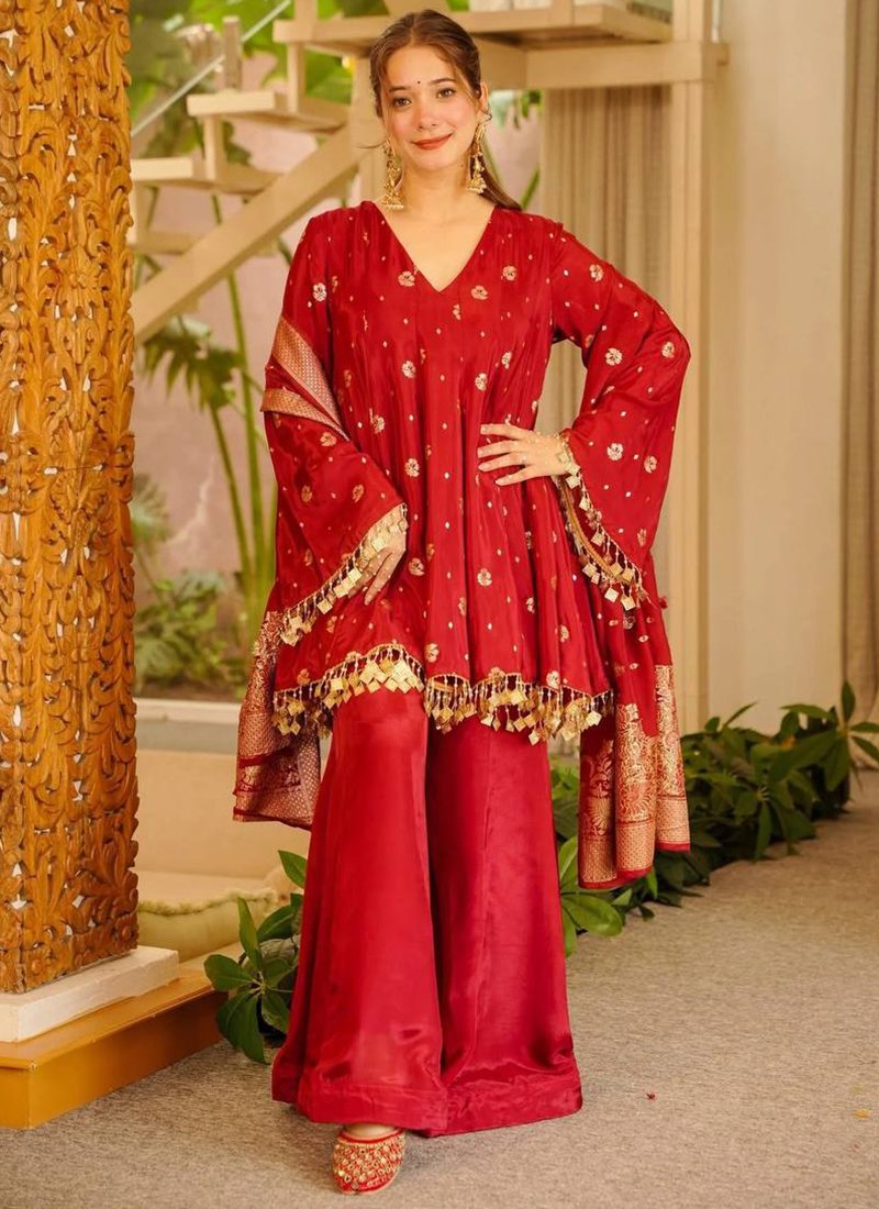 Rust Orange Satin Silk Weaving Work Readymade Palazzo Suit