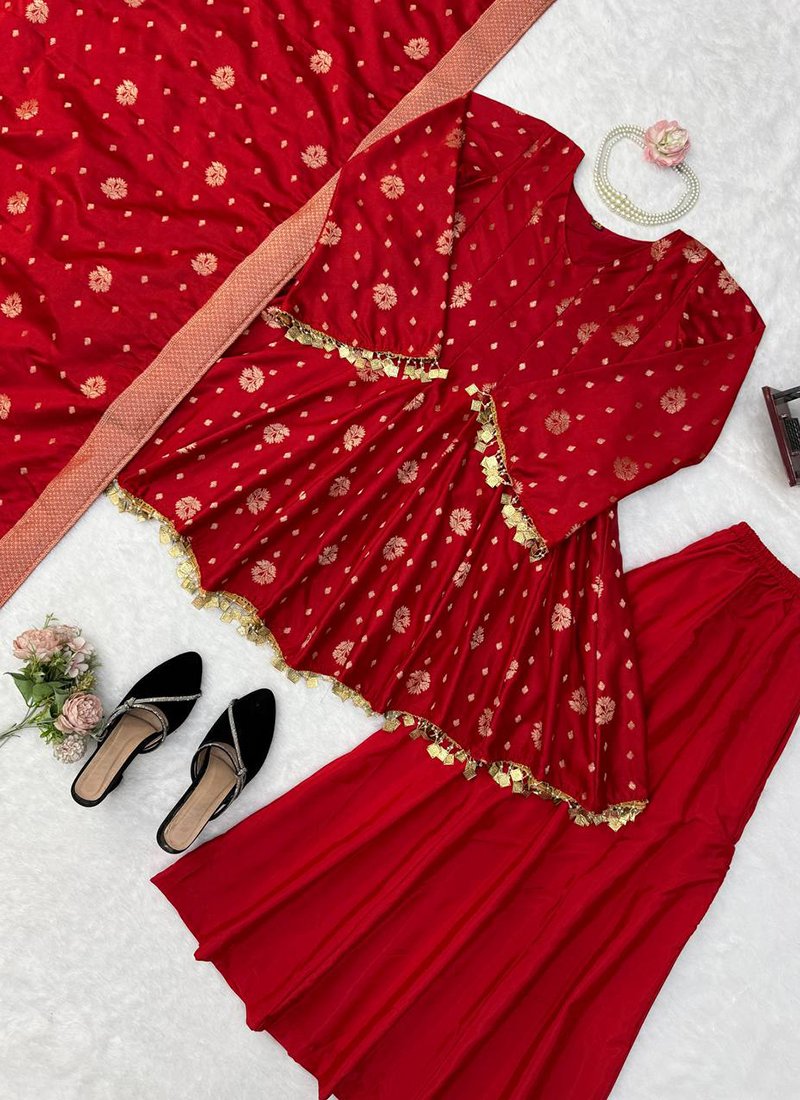 Rust Orange Satin Silk Weaving Work Readymade Palazzo Suit