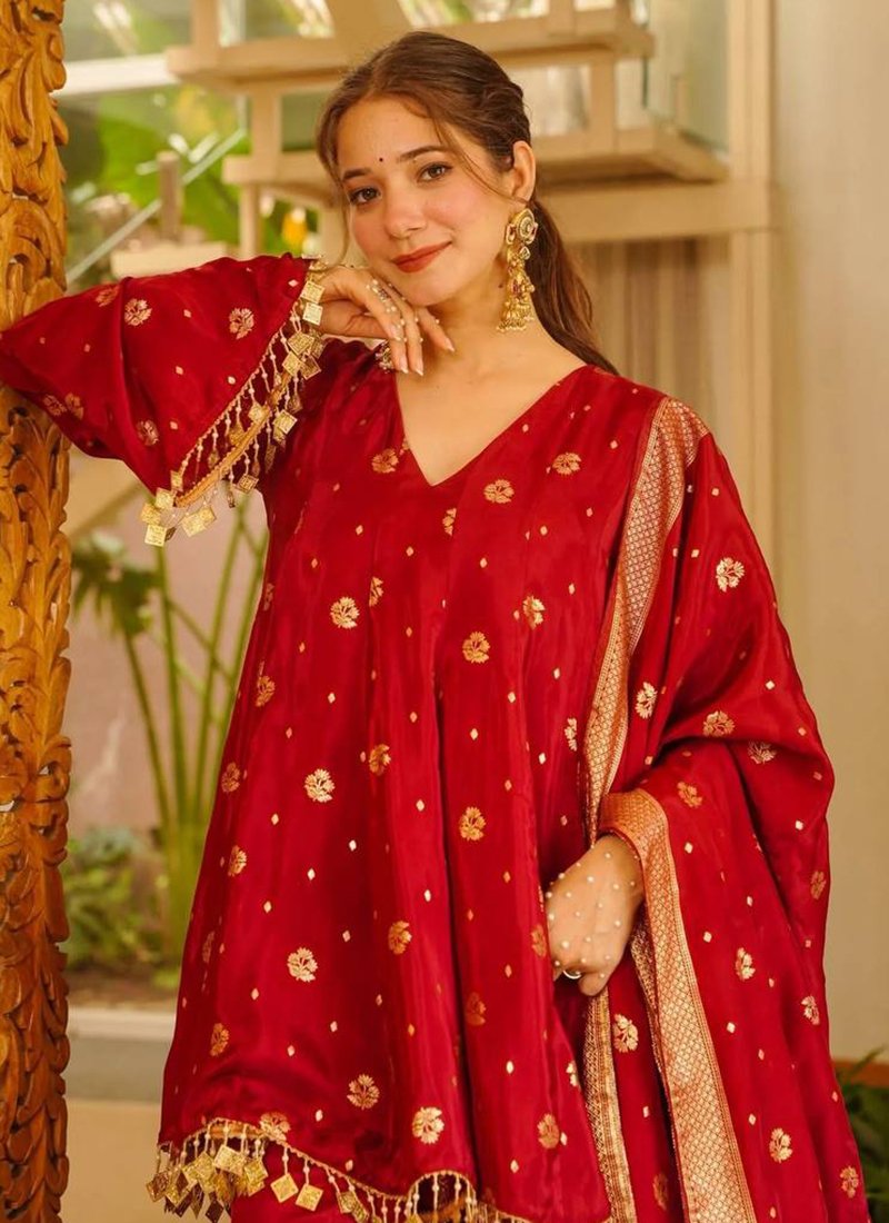 Rust Orange Satin Silk Weaving Work Readymade Palazzo Suit