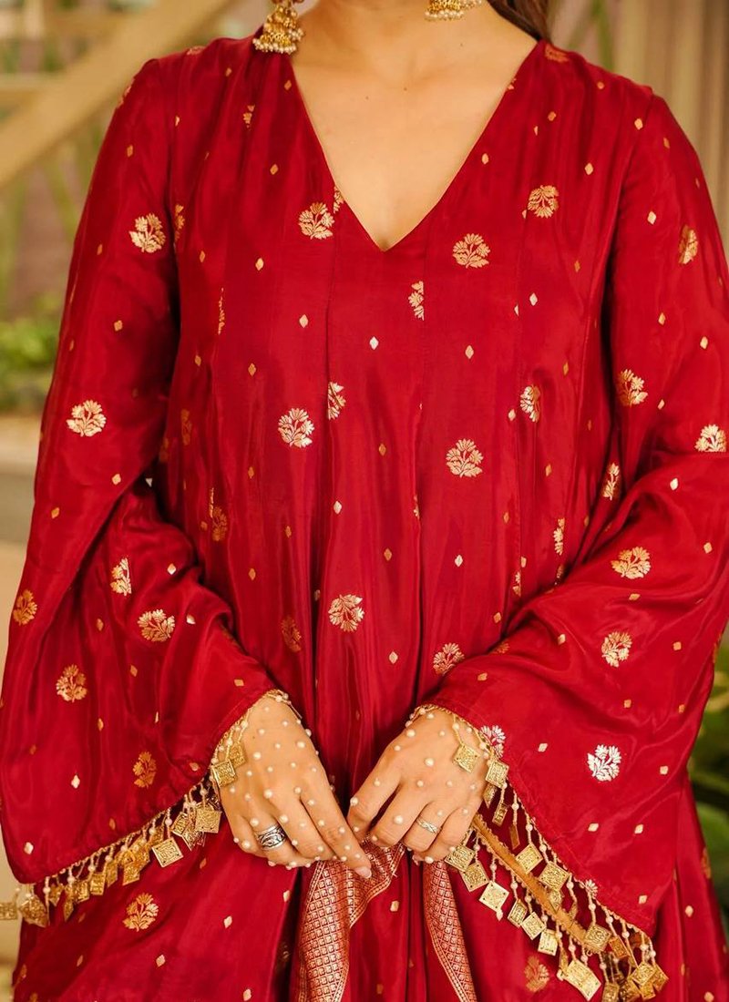 Rust Orange Satin Silk Weaving Work Readymade Palazzo Suit