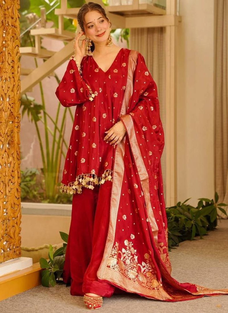 Rust Orange Satin Silk Weaving Work Readymade Palazzo Suit
