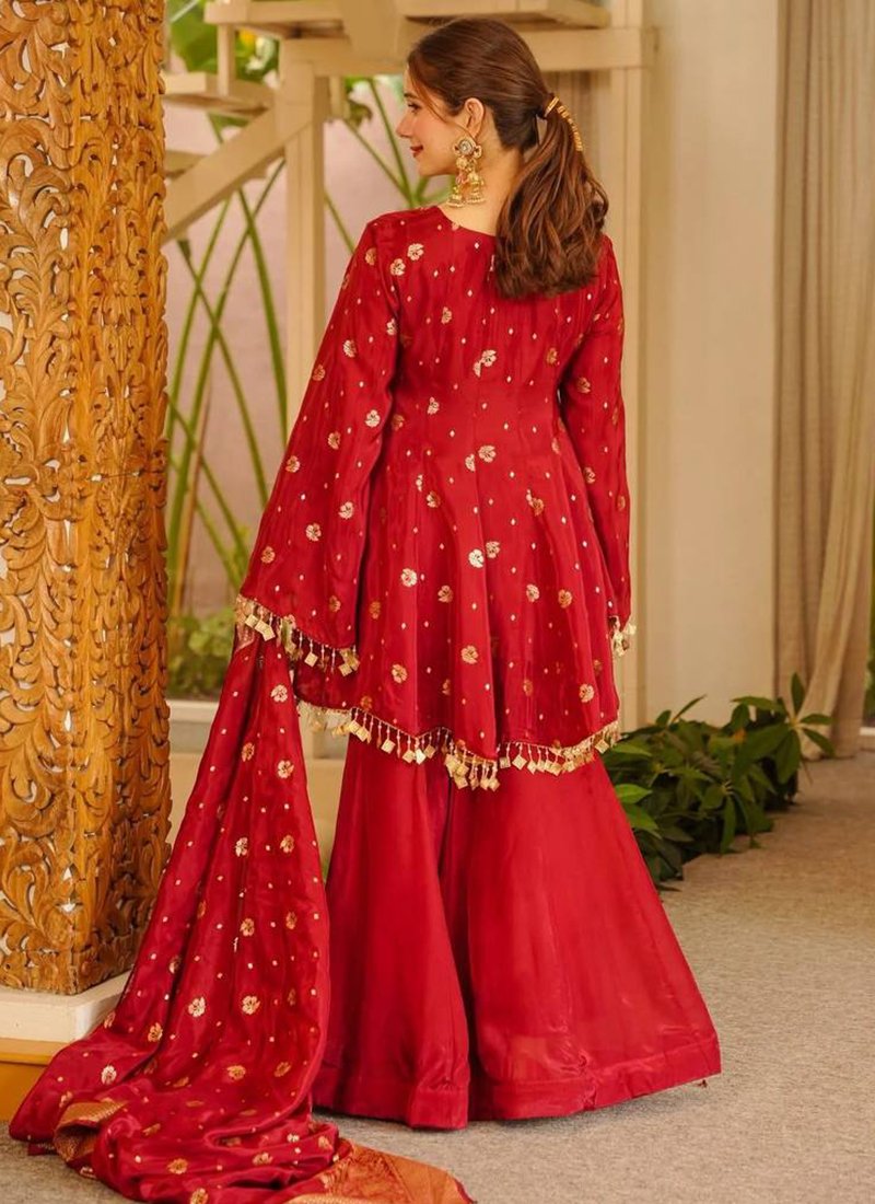 Rust Orange Satin Silk Weaving Work Readymade Palazzo Suit