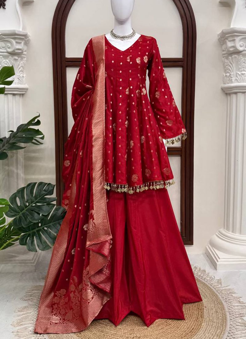 Rust Orange Satin Silk Weaving Work Readymade Palazzo Suit