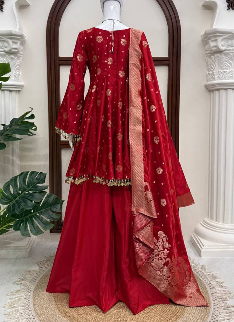 Rust Orange Satin Silk Weaving Work Readymade Palazzo Suit