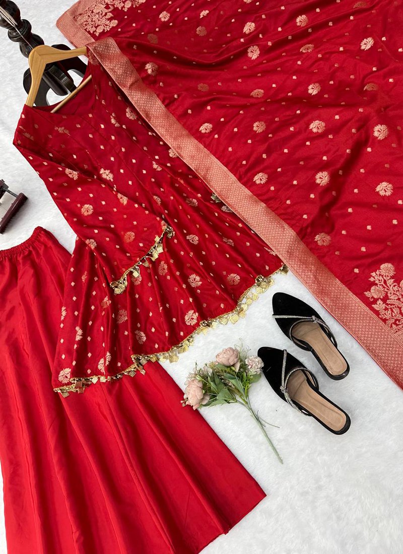 Rust Orange Satin Silk Weaving Work Readymade Palazzo Suit