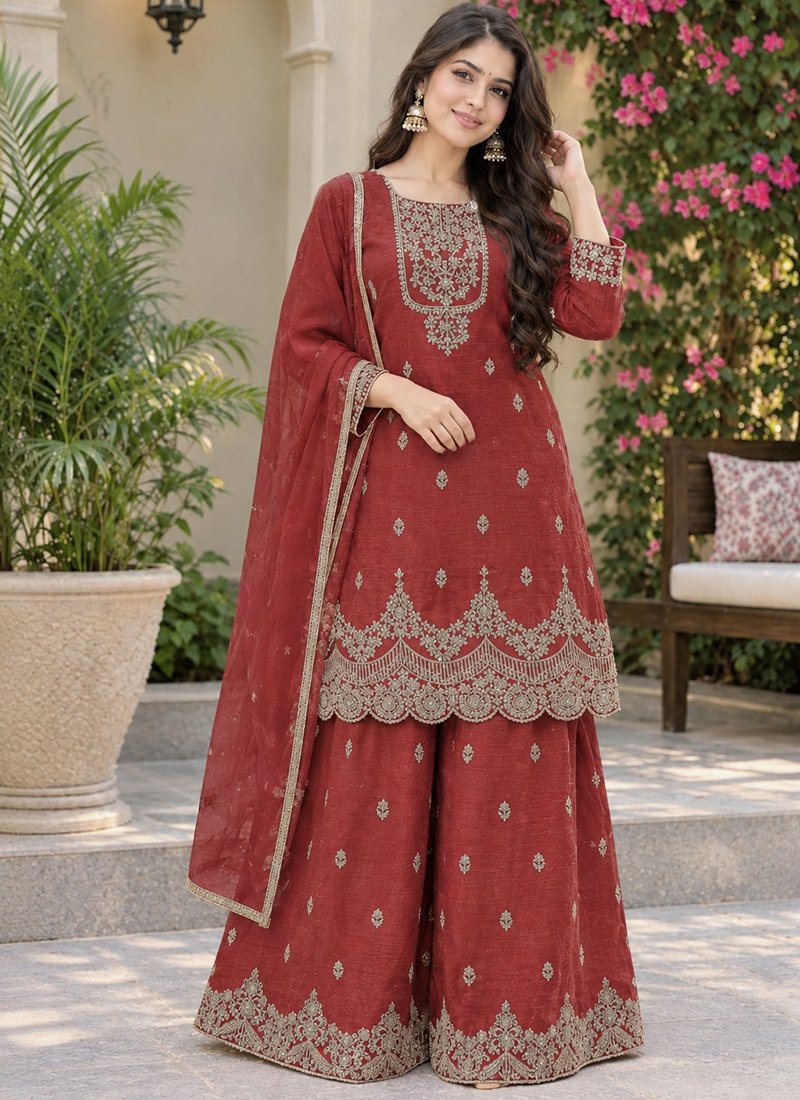 Silk Embroidery Work Festive Wear Readymade Sharara Suit
