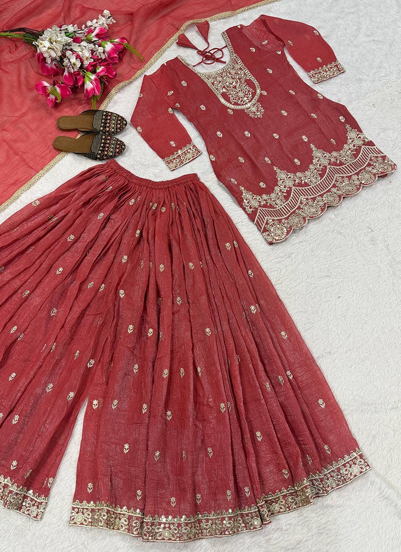 Silk Embroidery Work Festive Wear Readymade Sharara Suit