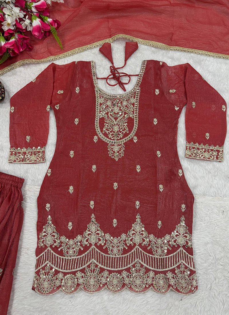 Silk Embroidery Work Festive Wear Readymade Sharara Suit
