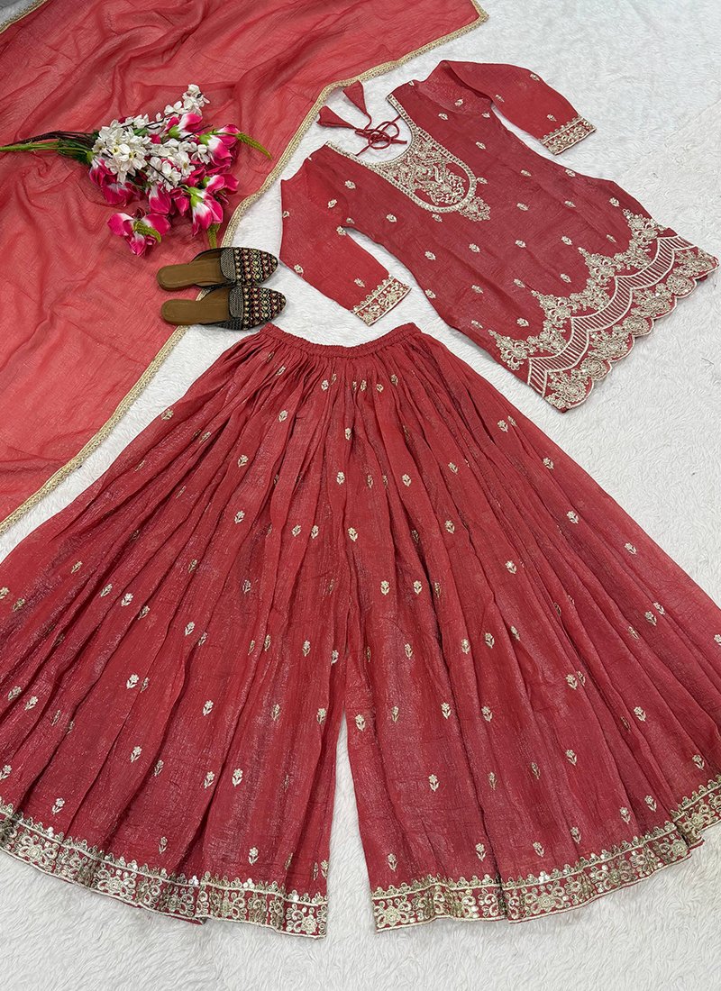 Silk Embroidery Work Festive Wear Readymade Sharara Suit