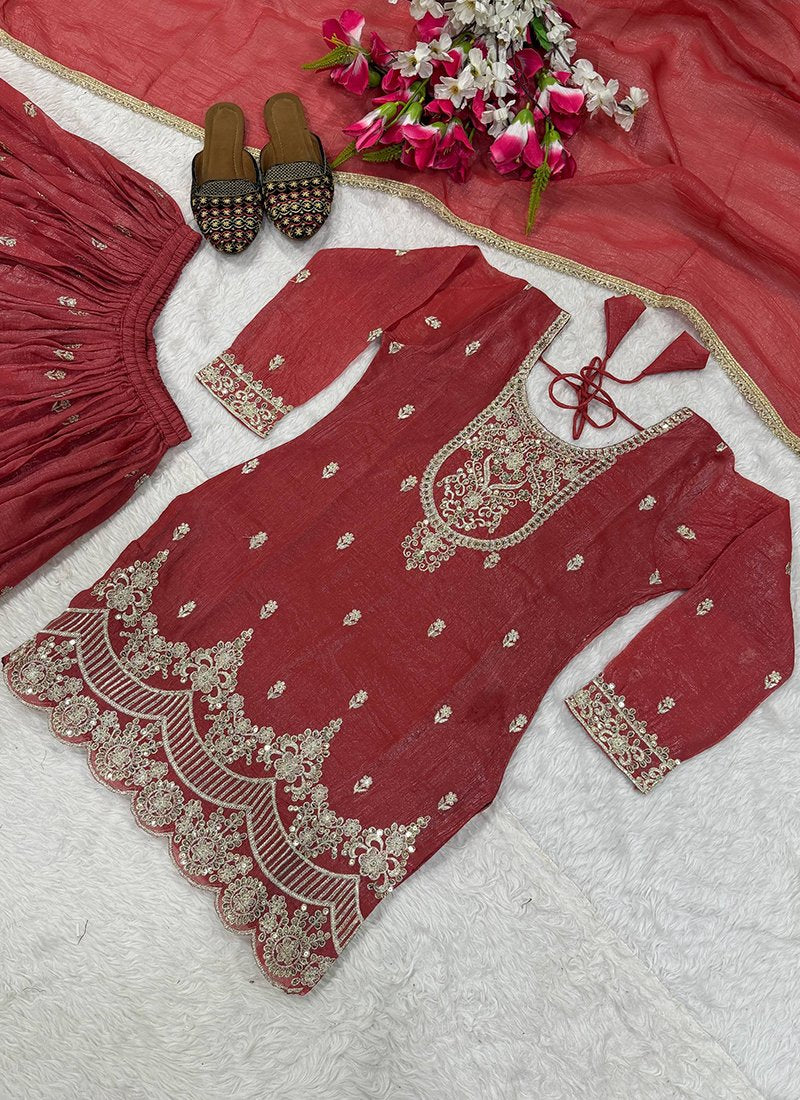 Silk Embroidery Work Festive Wear Readymade Sharara Suit