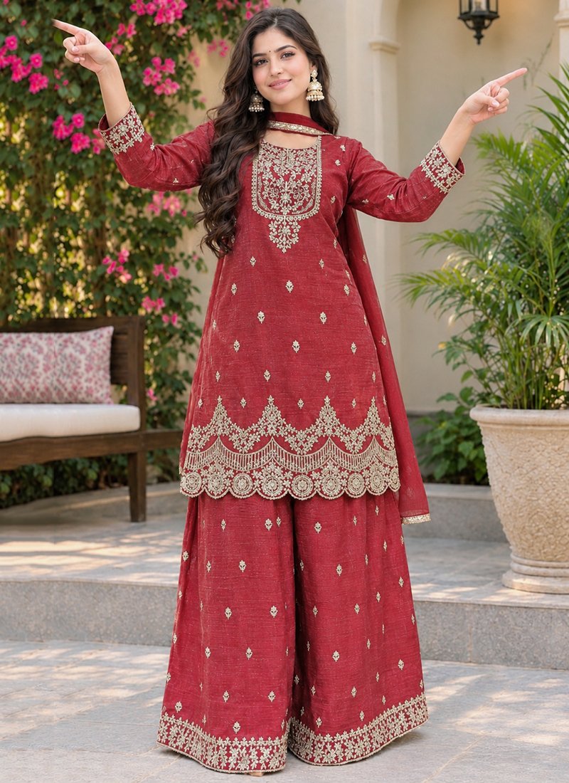 Silk Embroidery Work Festive Wear Readymade Sharara Suit