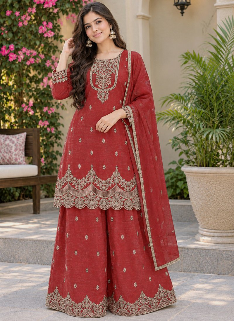 Silk Embroidery Work Festive Wear Readymade Sharara Suit